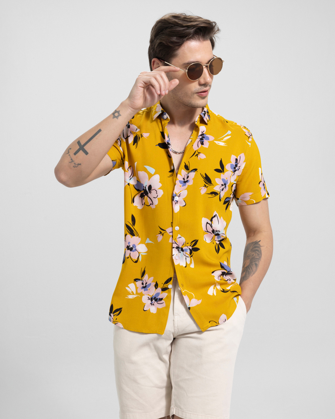 Buy Men's Yellow Garden Viola Floral Printed Slim Fit Shirt for Men ...