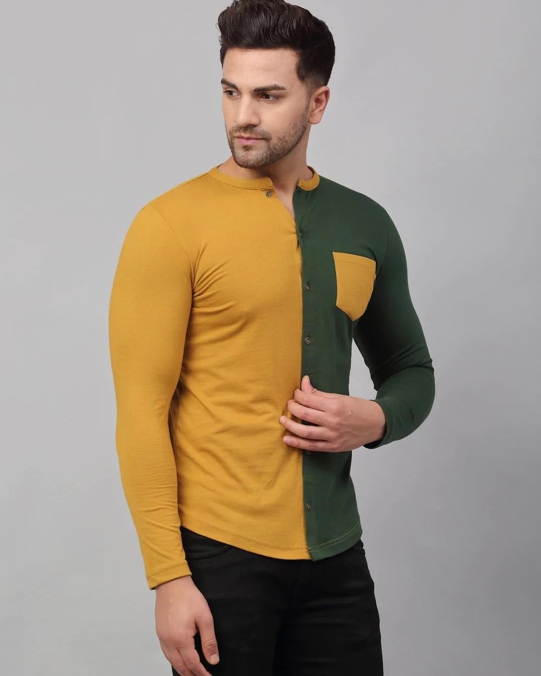 Shop Men's Yellow & Green Color Block Slim Fit Shirt-Back