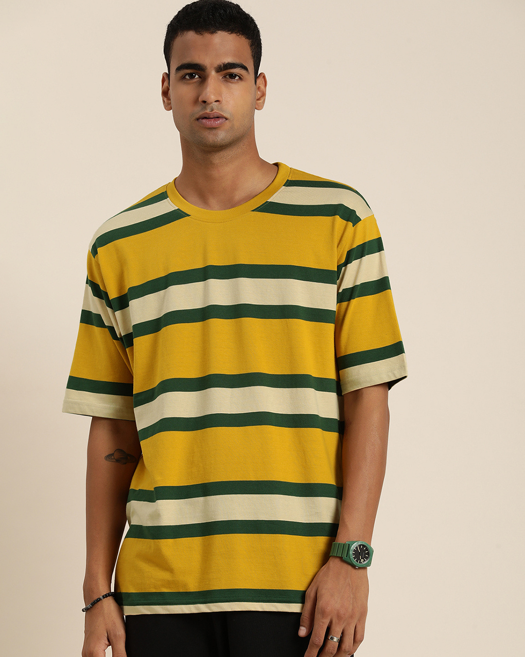 Buy Men's Yellow & Green Striped Oversized T-shirt Online at Bewakoof