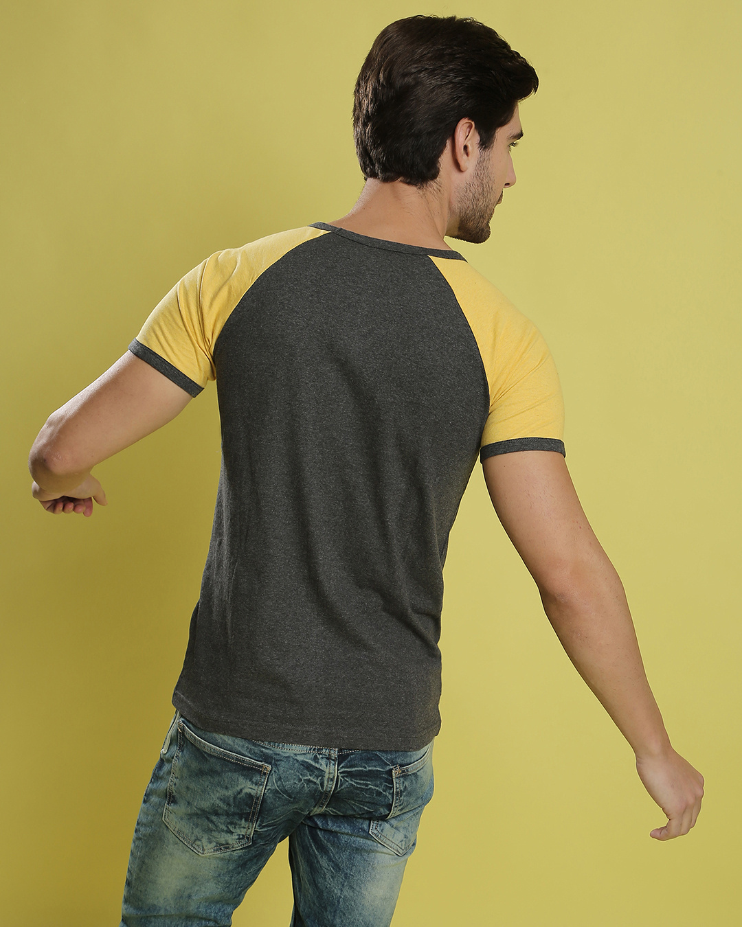 Shop Men's Yellow & Grey Color Block Regular Fit T-shirt-Back