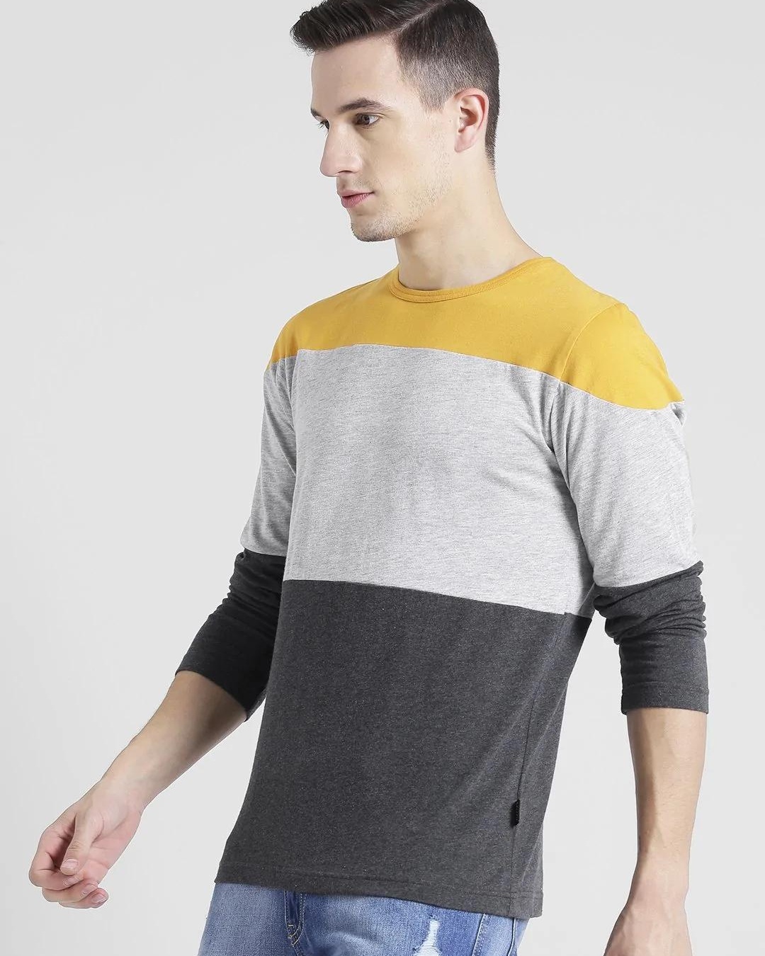 Shop Men's Yellow & Grey Color Block Slim Fit T-shirt-Back