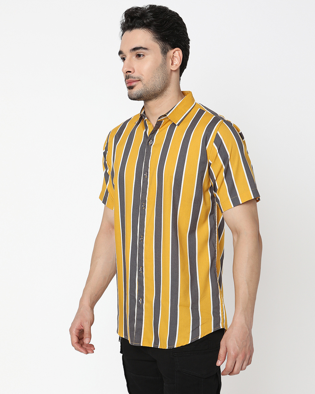 Shop Men's Yellow & Grey Striped Shirt-Back
