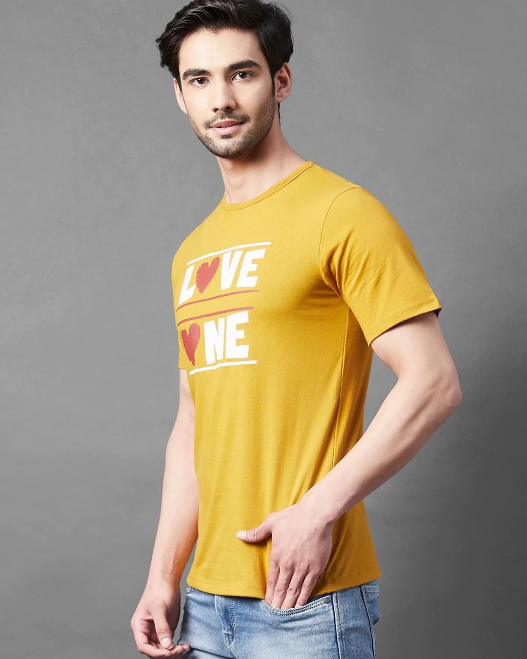 Shop Men's Yellow Love One Typography Slim Fit T-shirt-Back