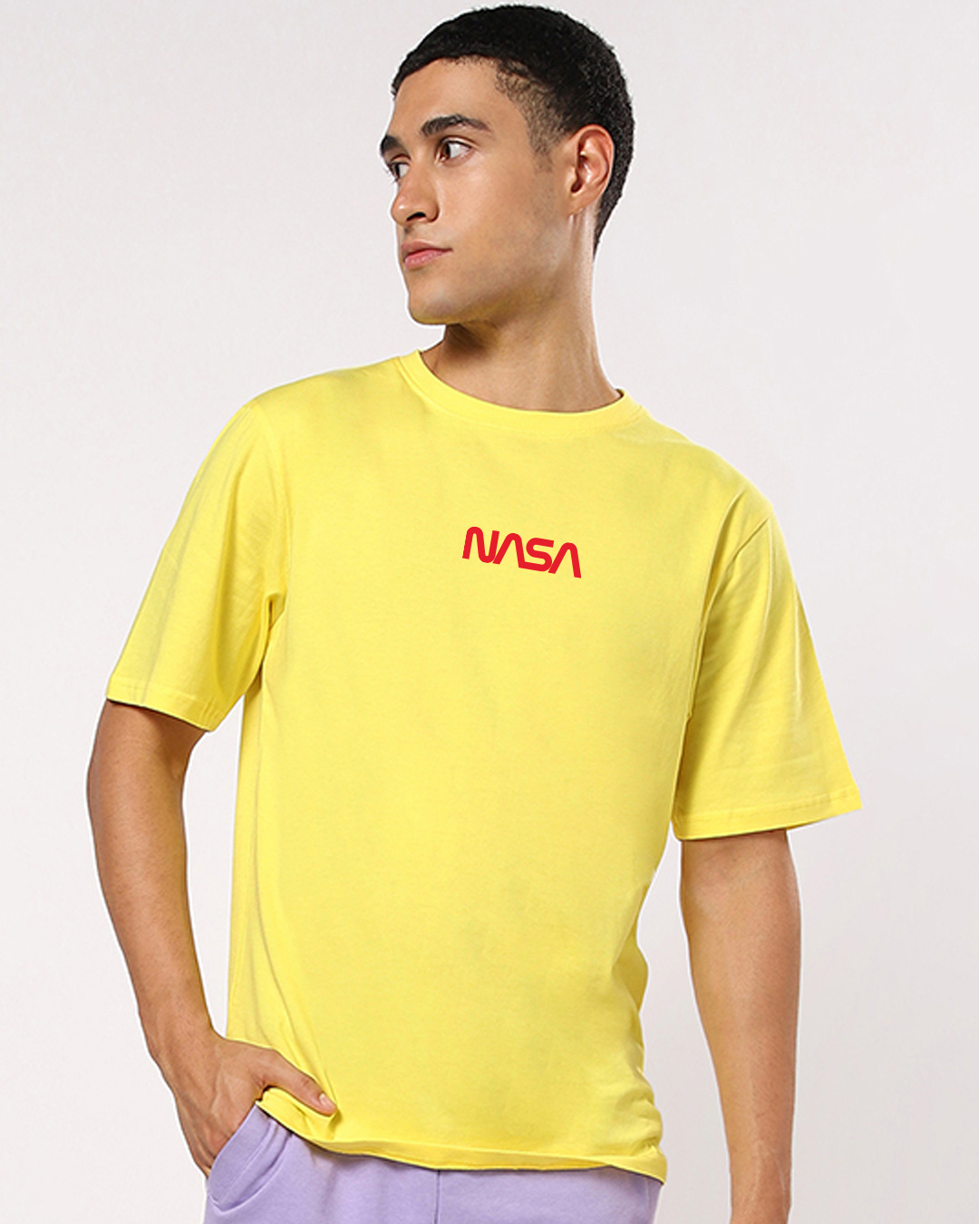Shop Men's Yellow NASA-US Typography Oversized Fit T-shirt-Back