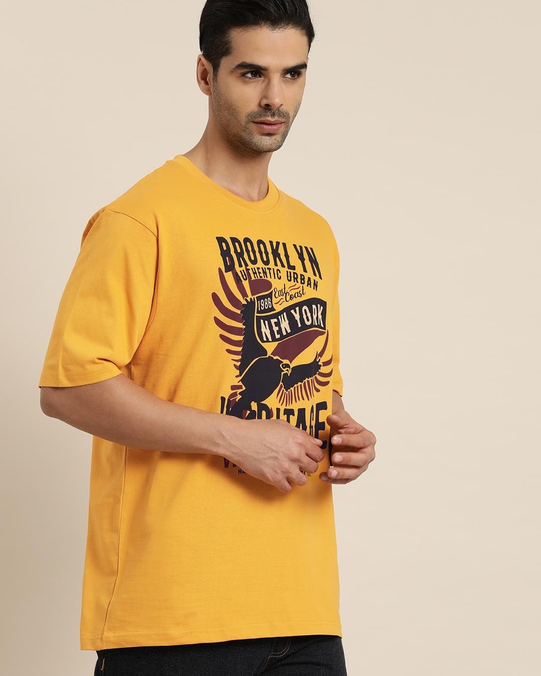 Shop Men's Yellow New York Graphic Printed Oversized T-shirt-Back