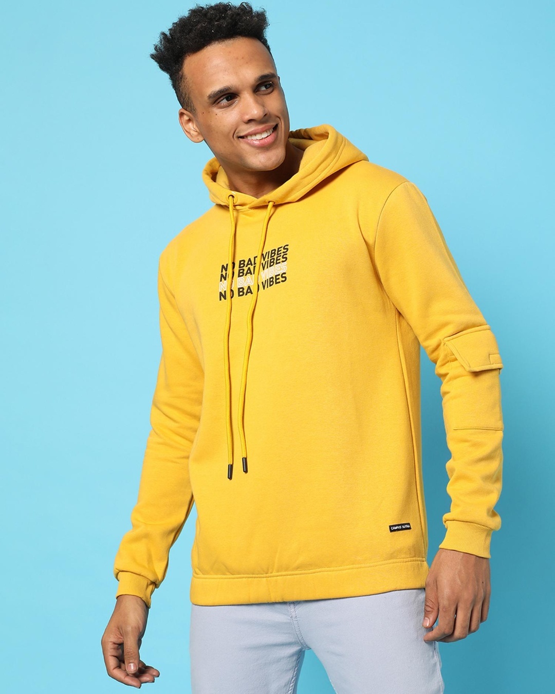 Buy Men's Yellow No Bad Vibes Typography Hooded Sweatshirt Online at