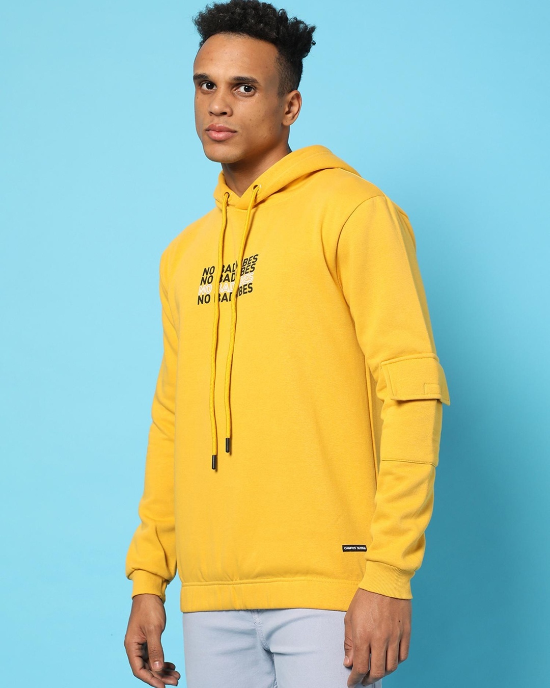 Shop Men's Yellow No Bad Vibes Typography Hooded Sweatshirt-Back