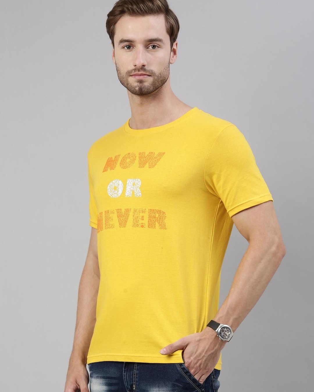 Shop Men's Yellow Now Or Never Typography T-shirt-Back