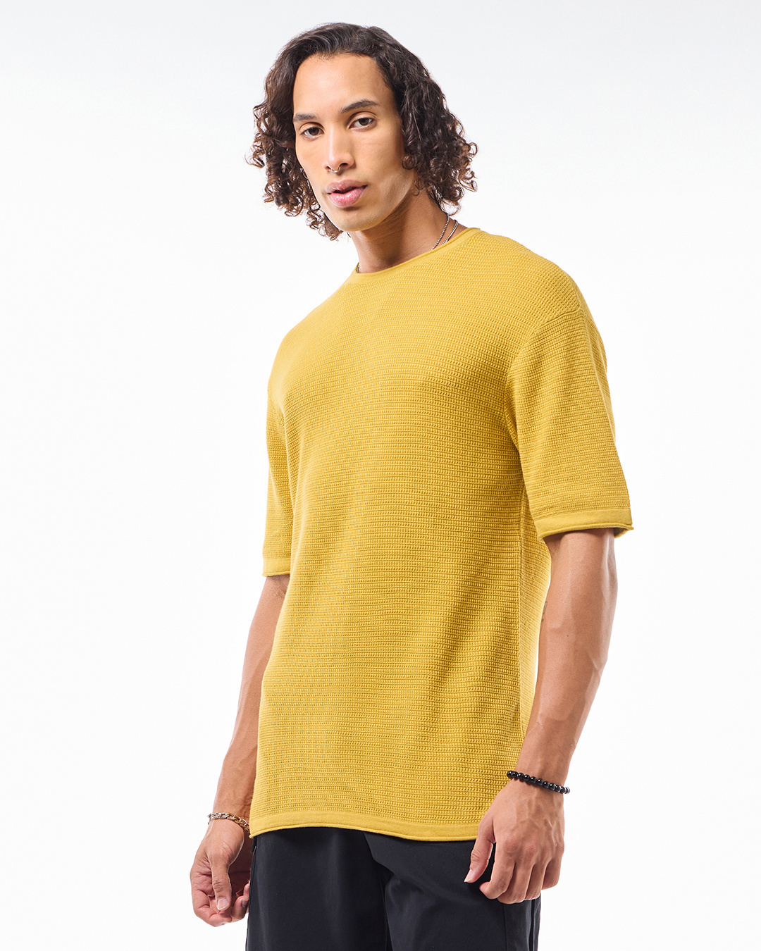 Shop Men's Yellow Textured Oversized Flatknit T-shirt-Back