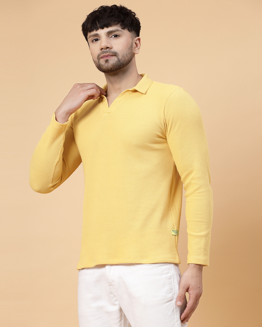 Shop Men's Yellow Waffle Knitted Polo T-Shirt-Back