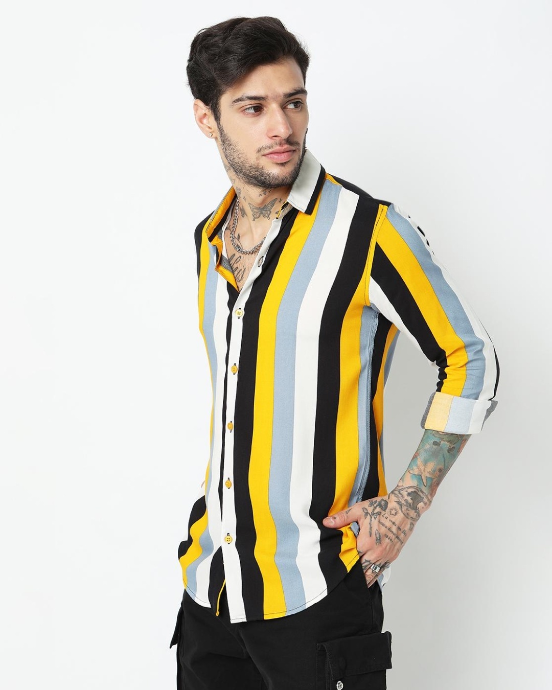 Shop Men's Yellow Roman Striped Shirt-Back