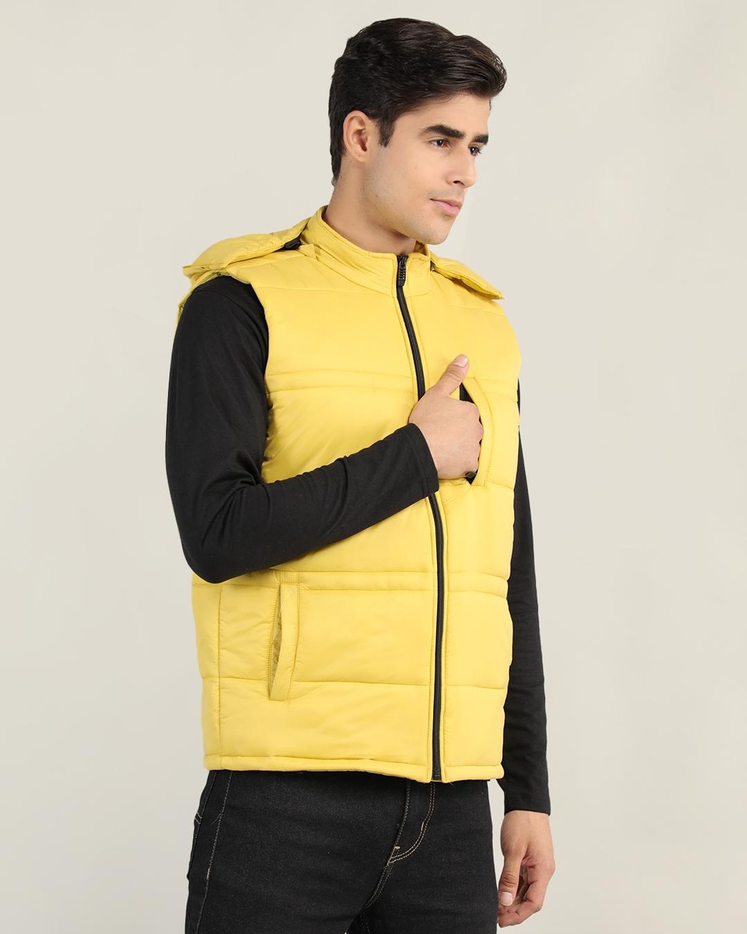 Shop Men's Yellow Sleeveless Hooded  Puffer Jacket-Back