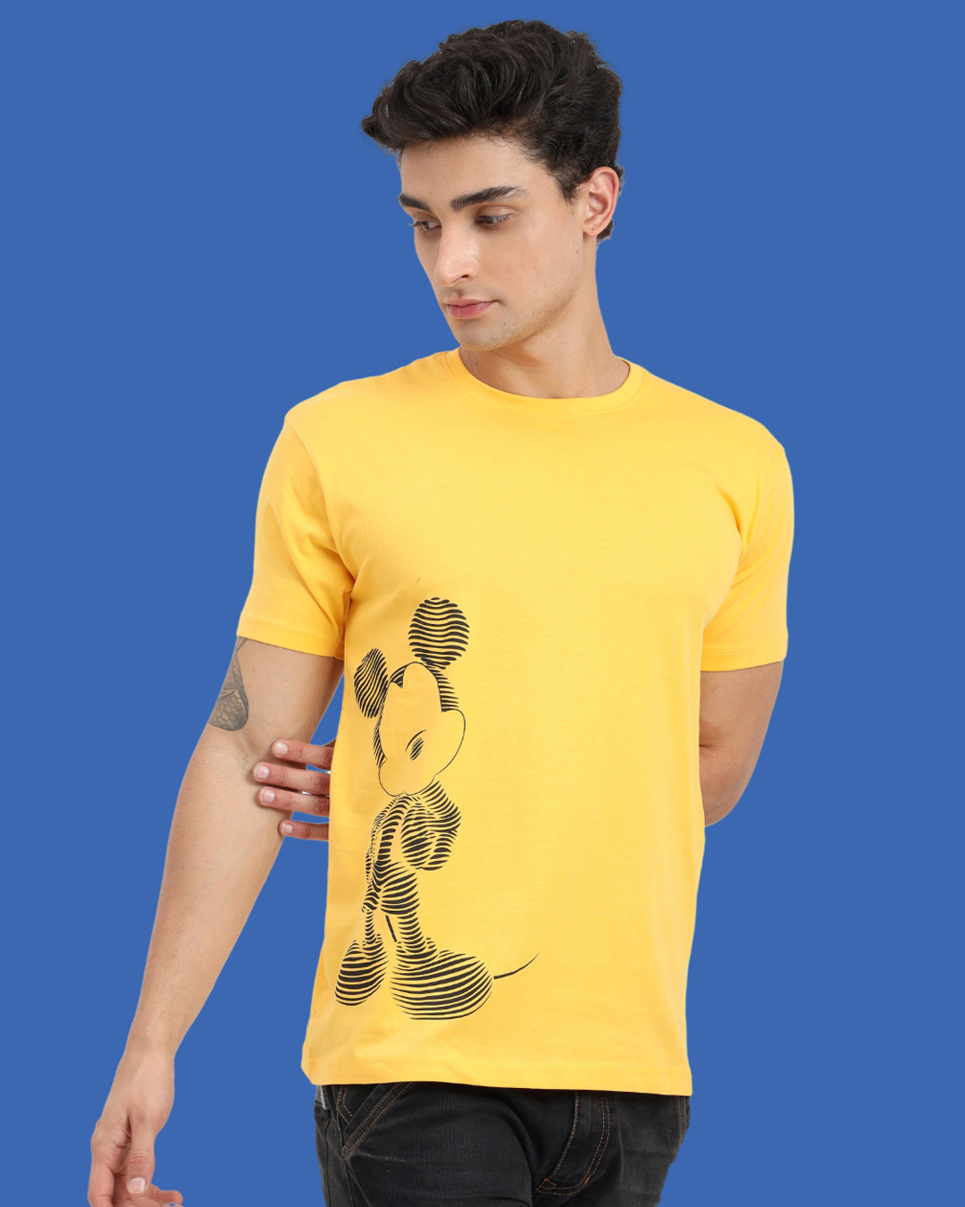 Shop Men's Yellow Stripe Effect Mickey Mouse Printed T-shirt-Back