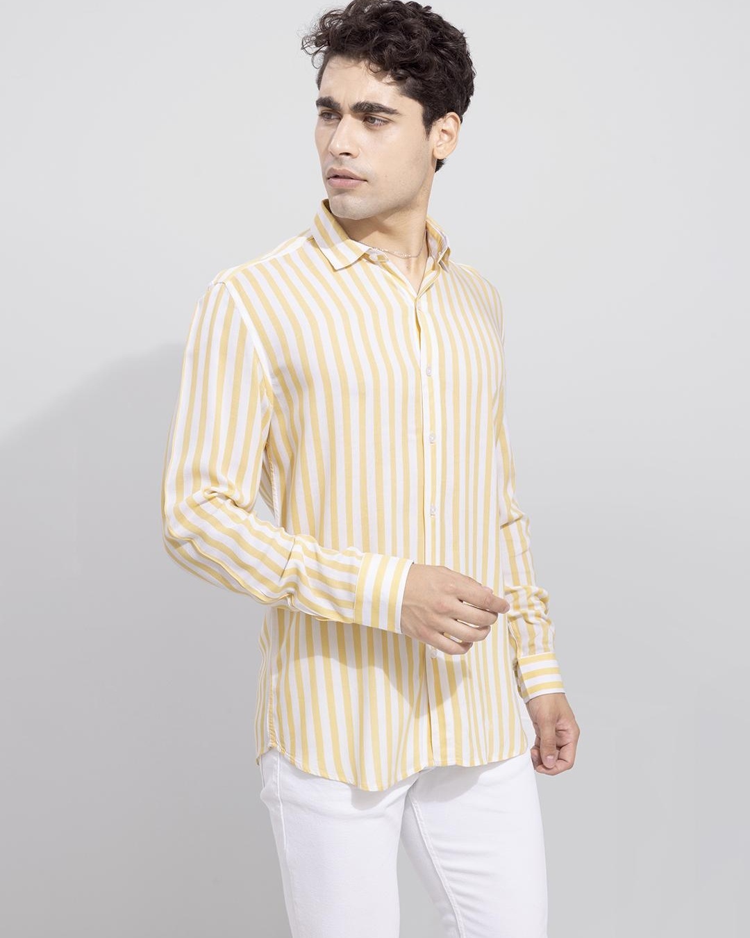 Shop Men's Yellow Striped Slim Fit Shirt-Back