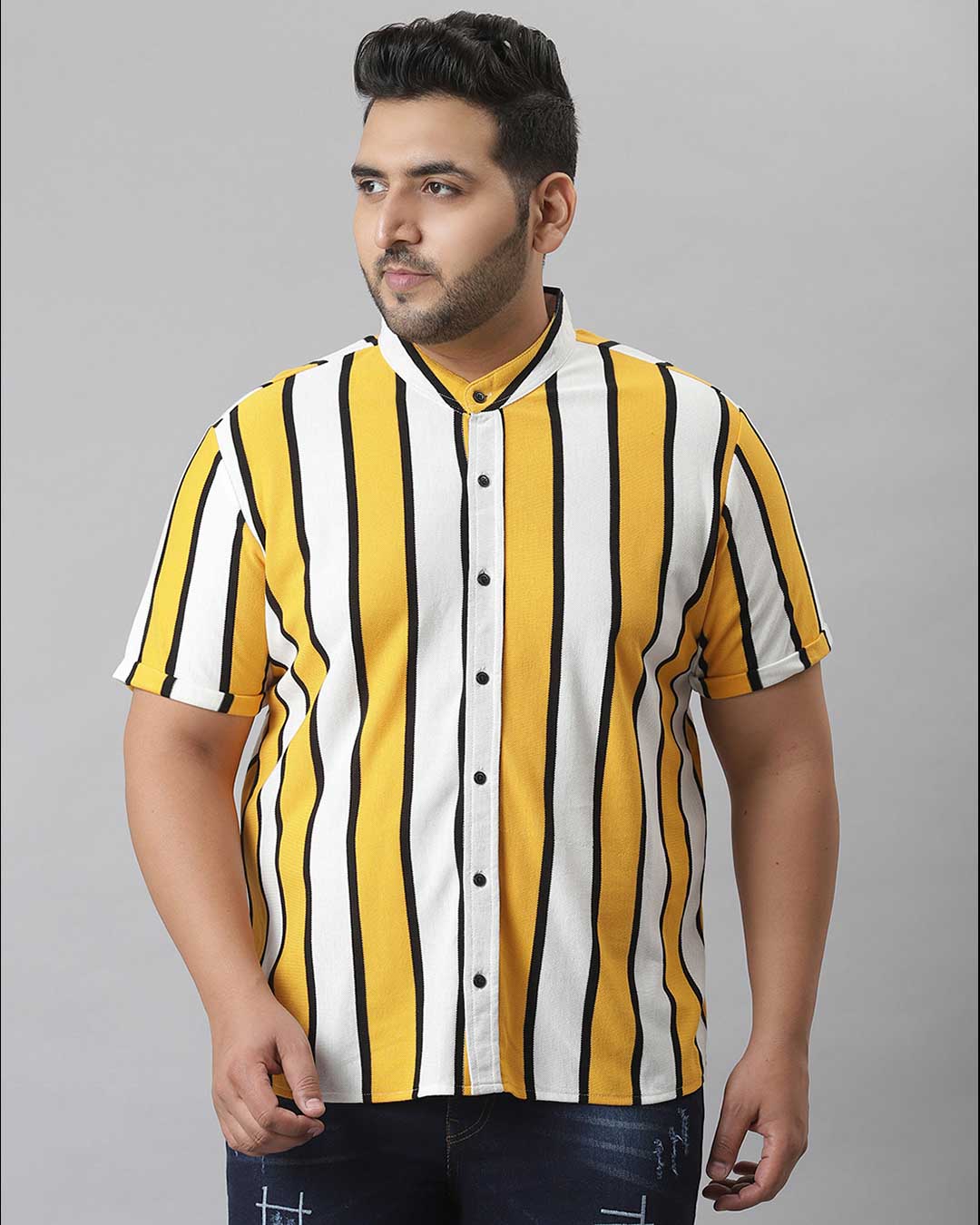 Shop Men's Yellow Striped Stylish Half Sleeve Casual Shirt-Front