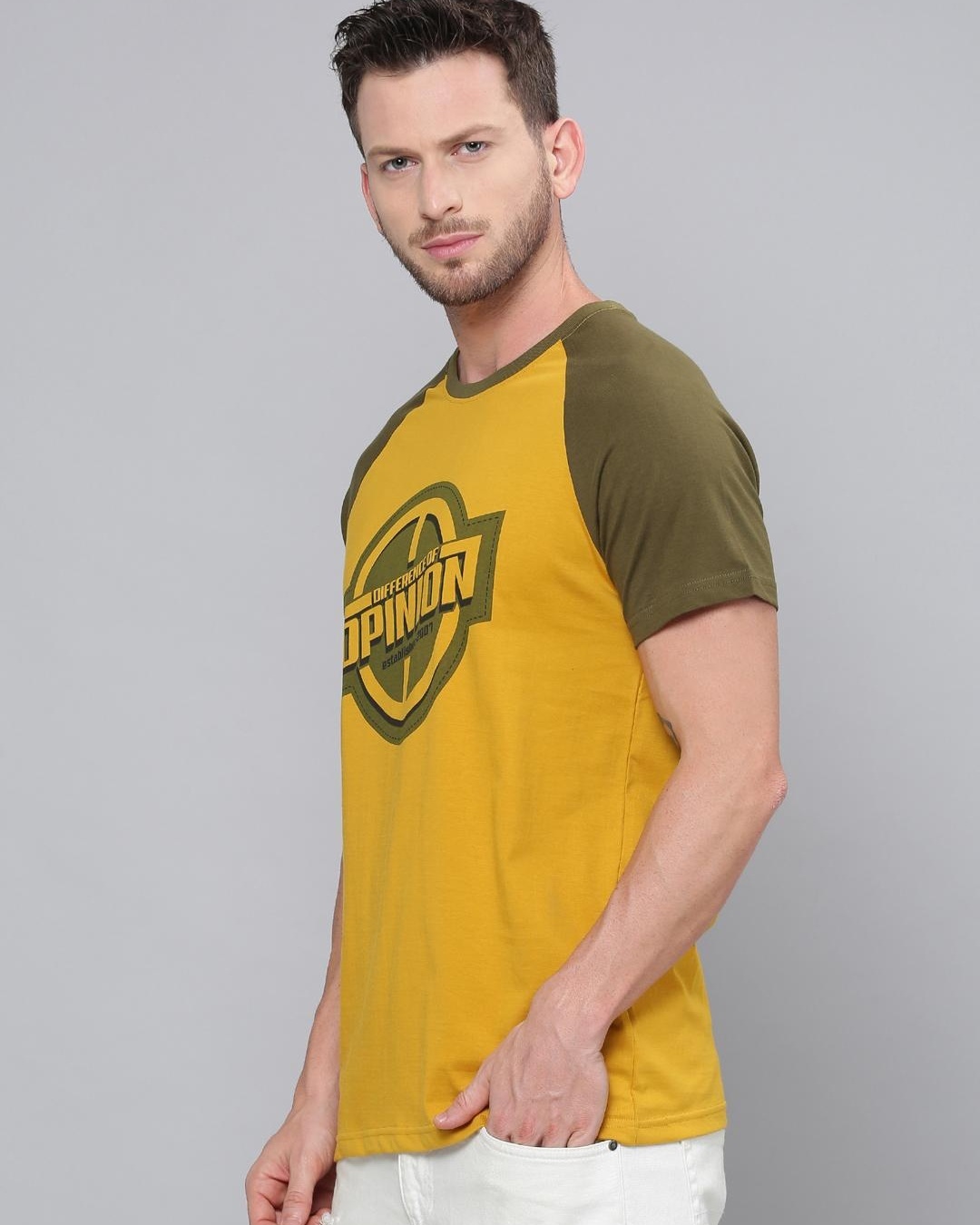 Shop Men's Yellow Color Block Slim Fit T-shirt-Back