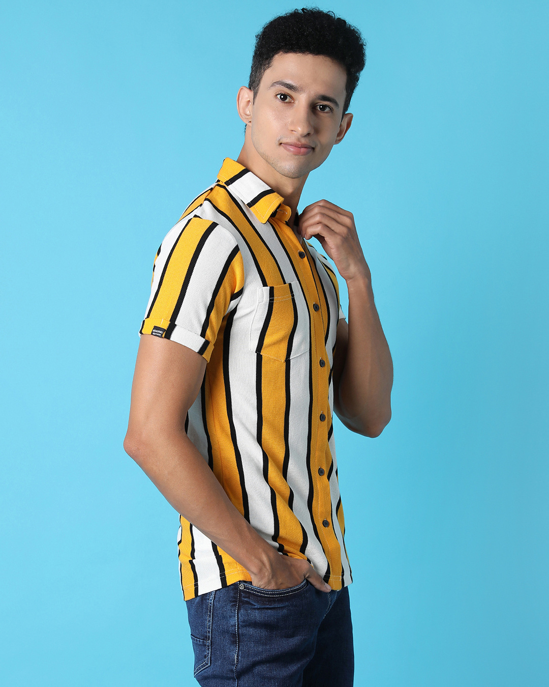 Shop Men's Yellow & White Striped Cotton Shirt-Back