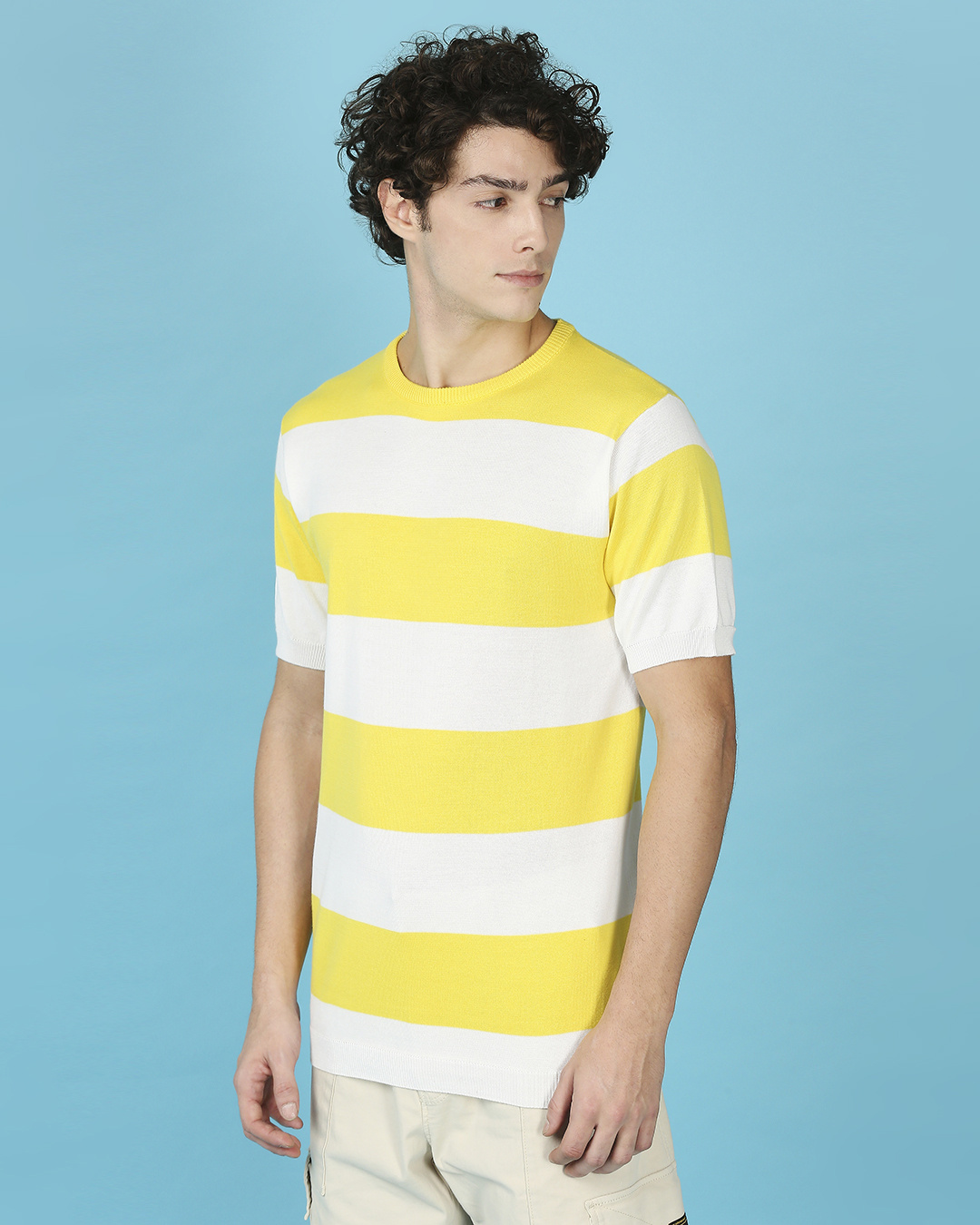 Shop Men's Yellow & White Striped Slim Fit Knit T-shirt-Back