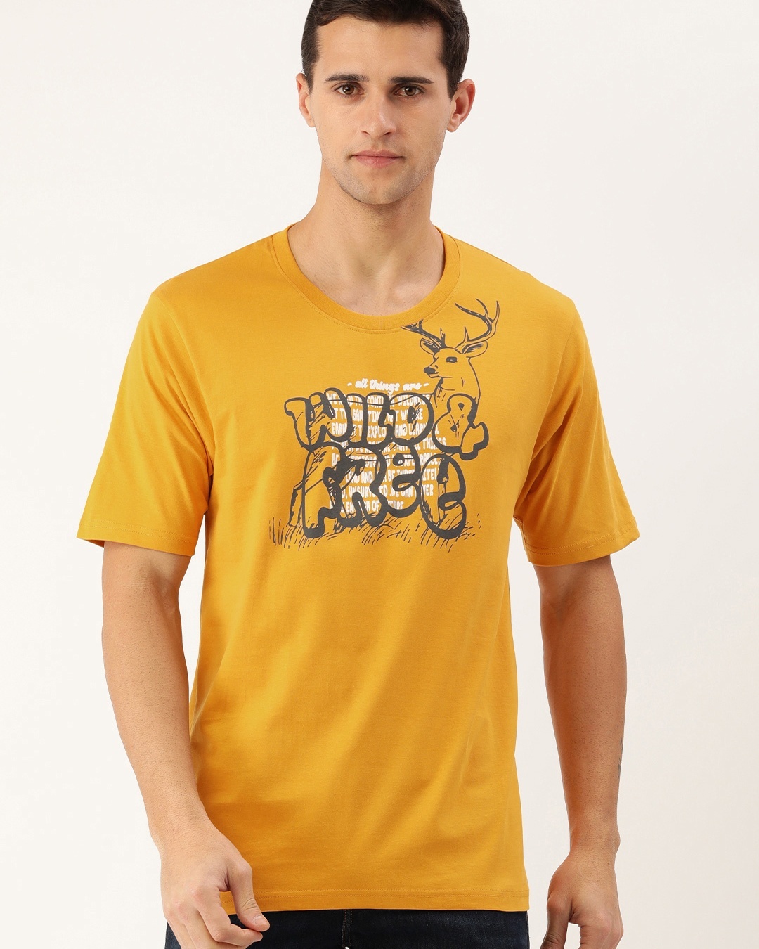 Buy Men's Yellow Wild & Free Graphic Printed Oversized Tshirt Online