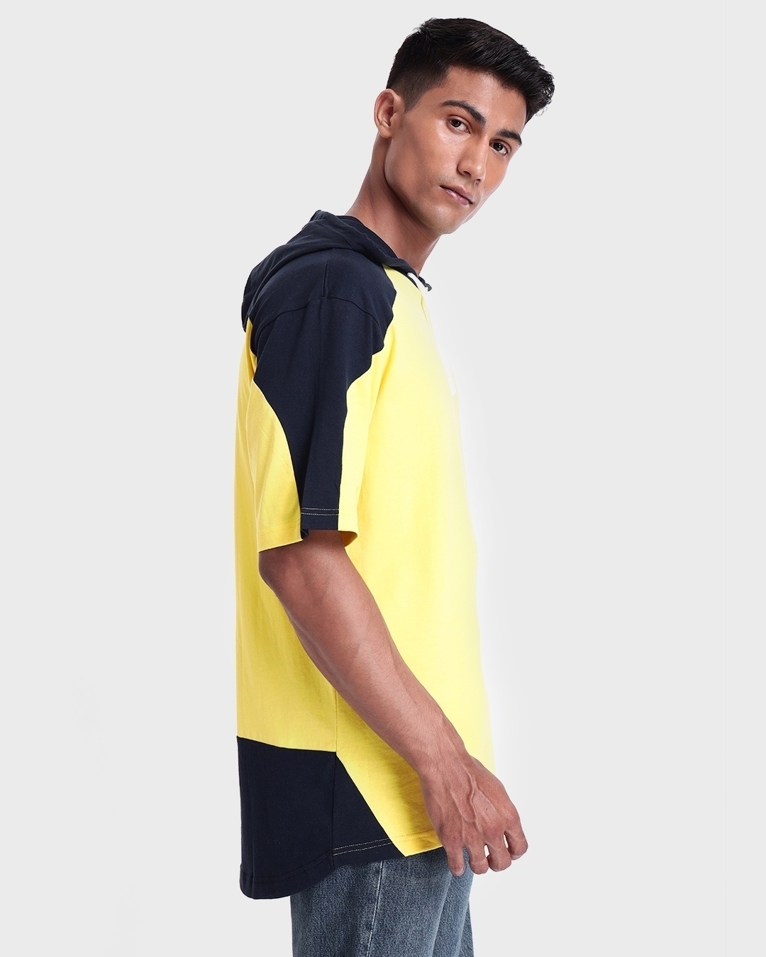 Shop Men's Yellow & Black Color Block Oversized Hoodie T-shirt-Back