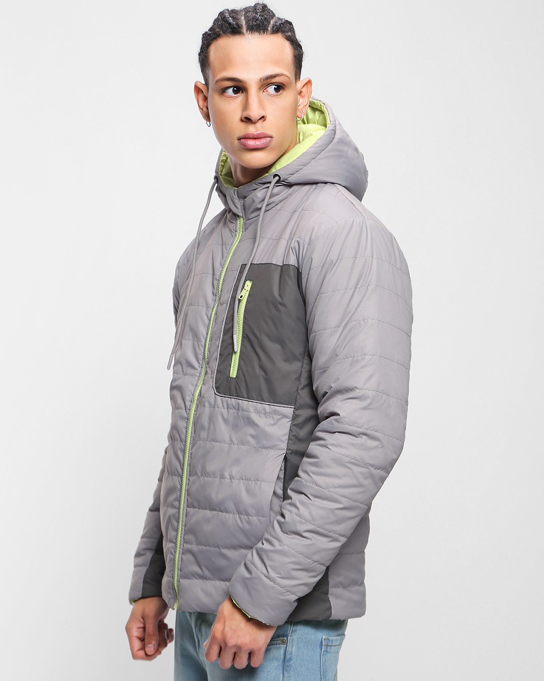 Shop Men's Lime & Grey Oversized Reversible Puffer Jacket-Back