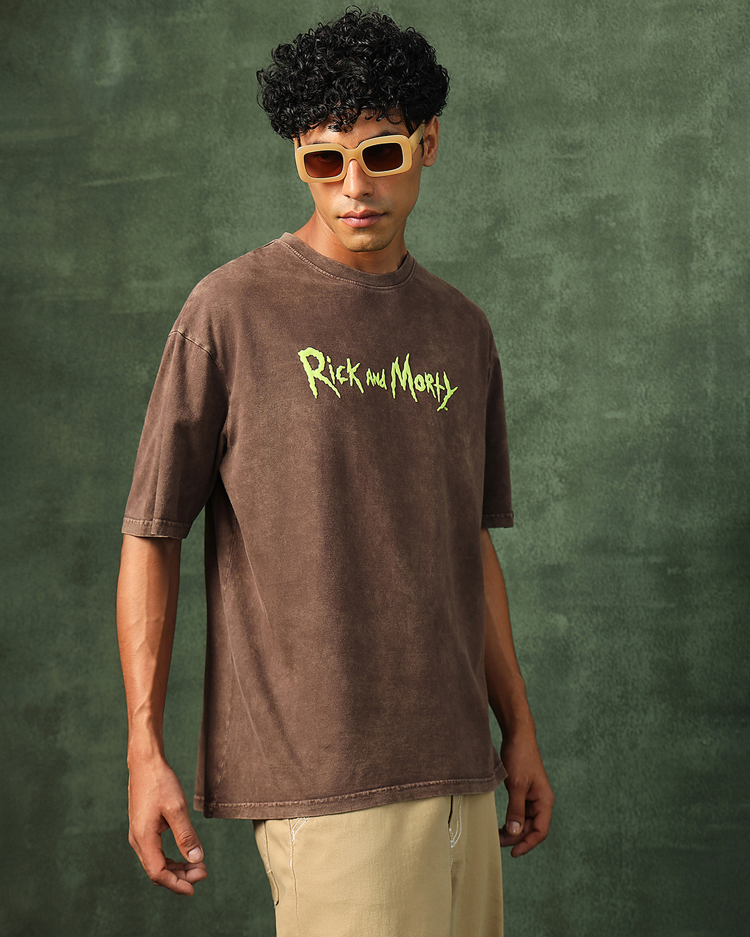 Shop Men's Brown Stoned Rick & Morty Graphic Printed Oversized Acid Wash T-shirt-Back