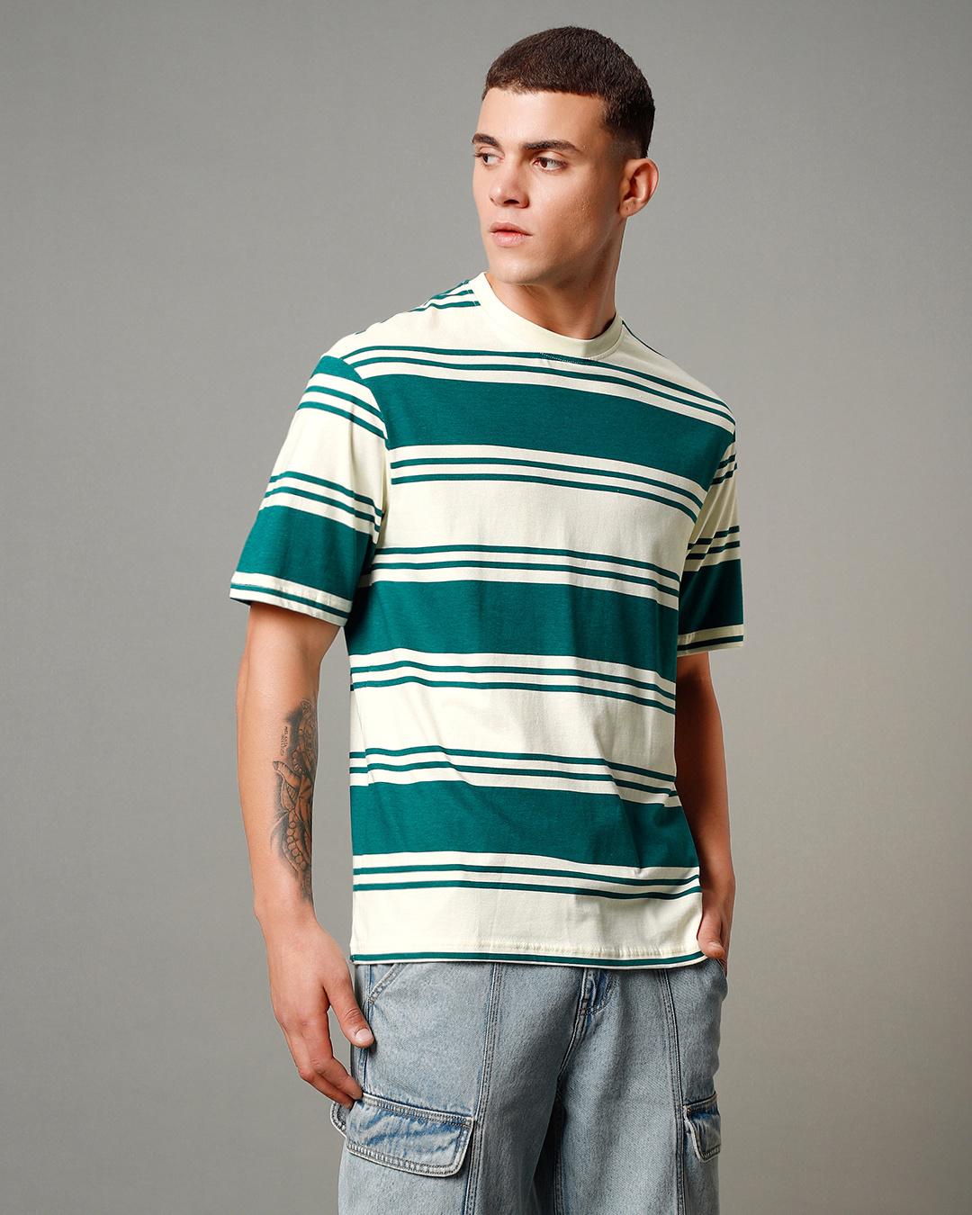 Shop Men's White & Green Striped Oversized T-shirt-Back