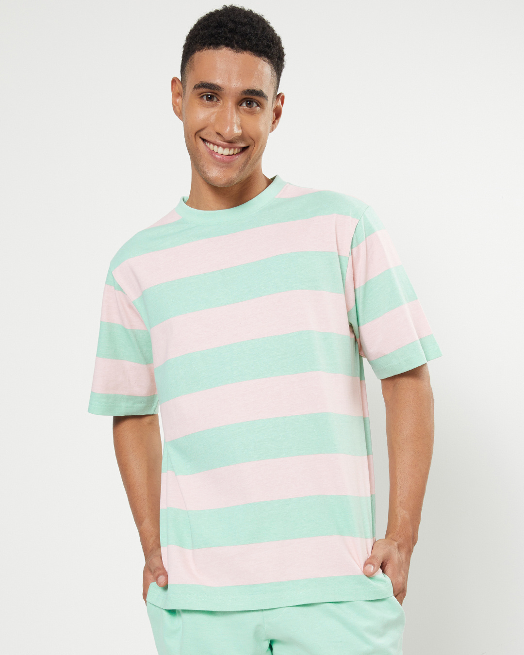 Shop Men Sun-Kissed Green and Pink Stripe Oversized Fit T-shirt-Back