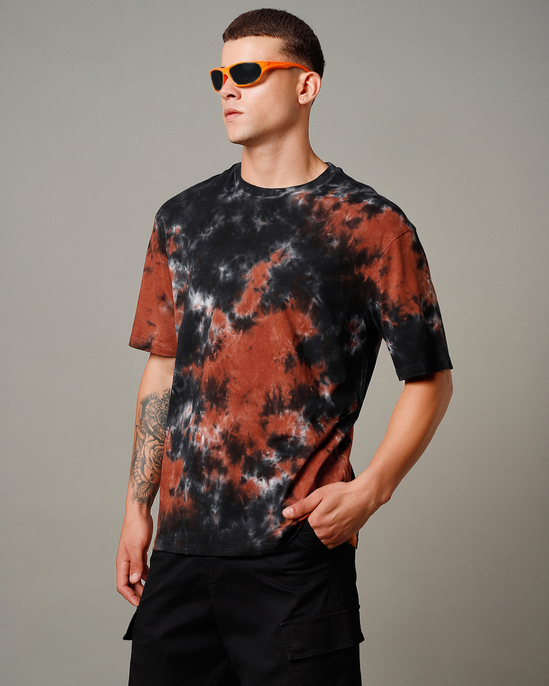 Shop Men's Black & Orange Tie & Dye Oversized T-shirt-Back