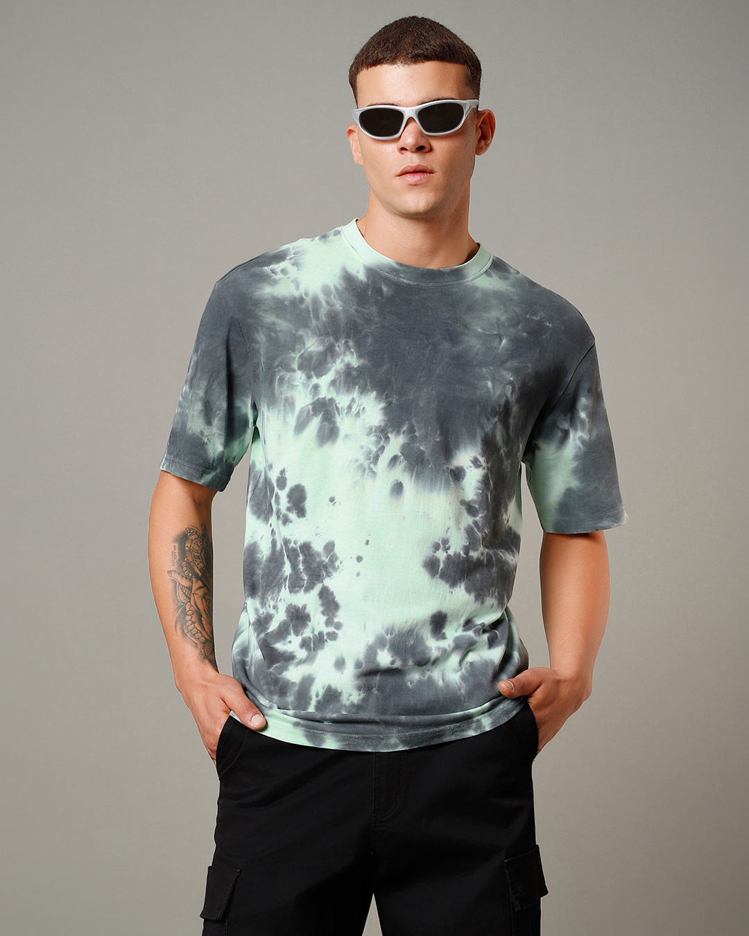 Shop Men's Green & Grey Tie & Dye Oversized T-shirt-Back