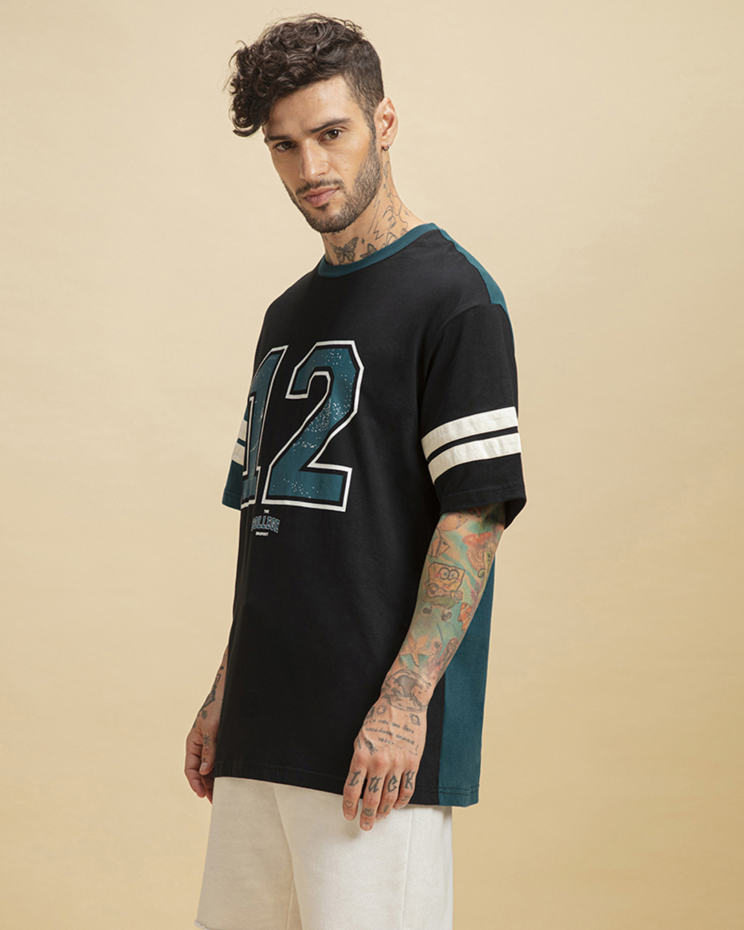 Shop Men's Black Varsity 12 Typography Oversized T-shirt-Back