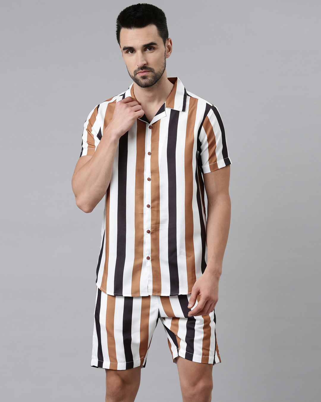Buy Men White & Brown Striped Co-ord Set Online in India at Bewakoof