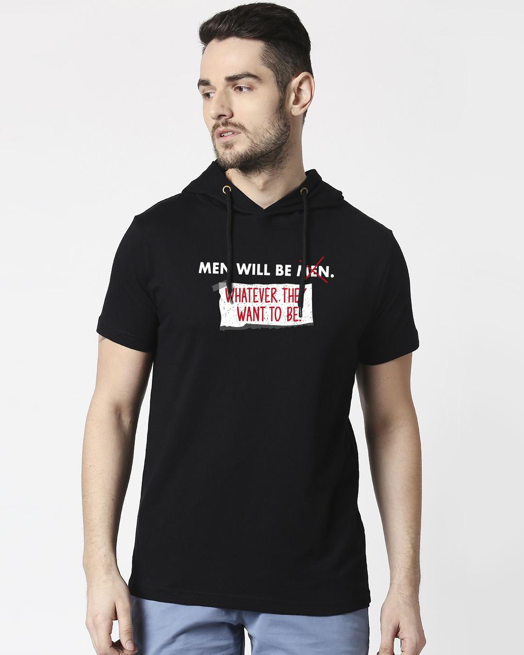 

Men Will Be.. Half Sleeve Hoodie T-Shirt Men' Printed Half Sleeve Hoodie T-shirt Bewakoof.com, Black