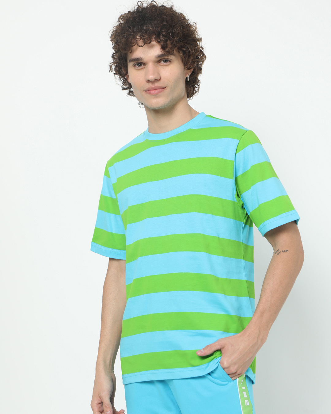 Shop Mens Upbeat Blue Horizontal Stripe Oversized T-shirt-Back