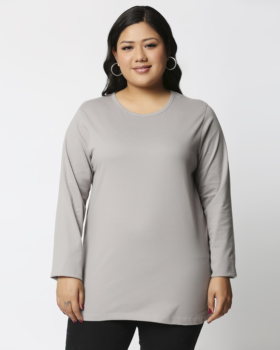 Shop Meteor Grey Full Sleeve Plus Size Slim Fit T-Shirt-Back