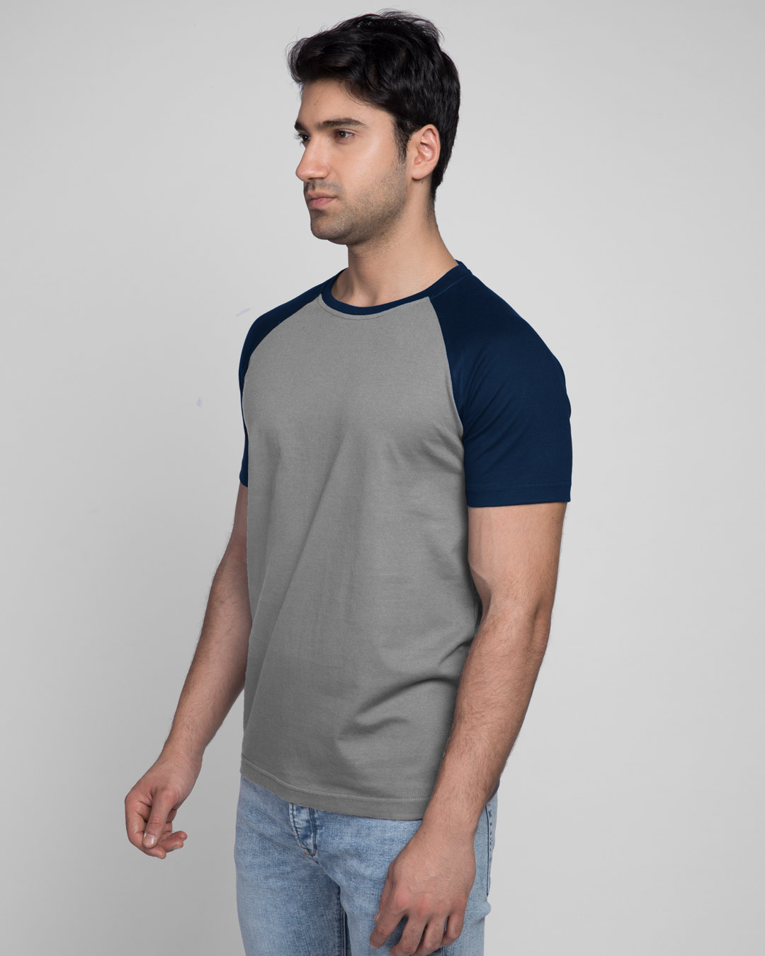 Shop Meteor Grey-Navy Blue Half Sleeve Raglan T-Shirt-Back