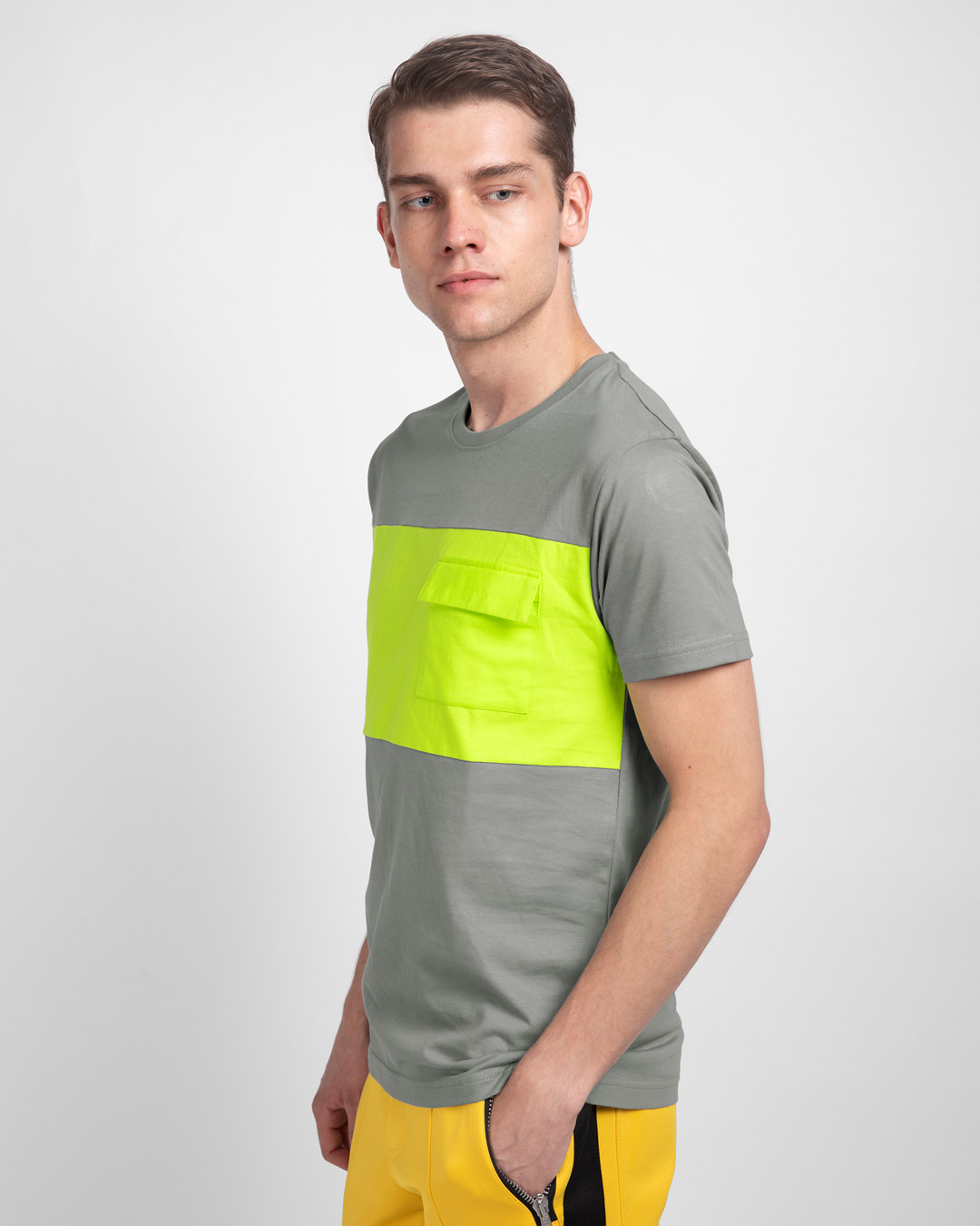 Shop Meteor Grey & Neon Green 90's Vibe Cargo Pocket T-Shirt-Back