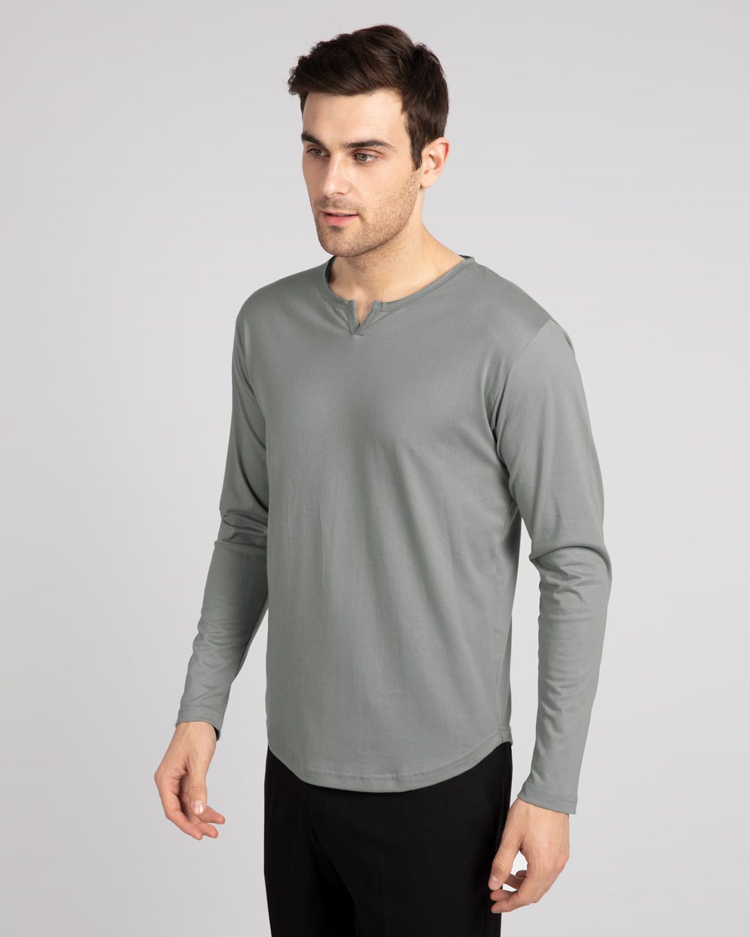 Shop Meteor Grey Slit Neck Full Sleeve Henley T-Shirt-Back