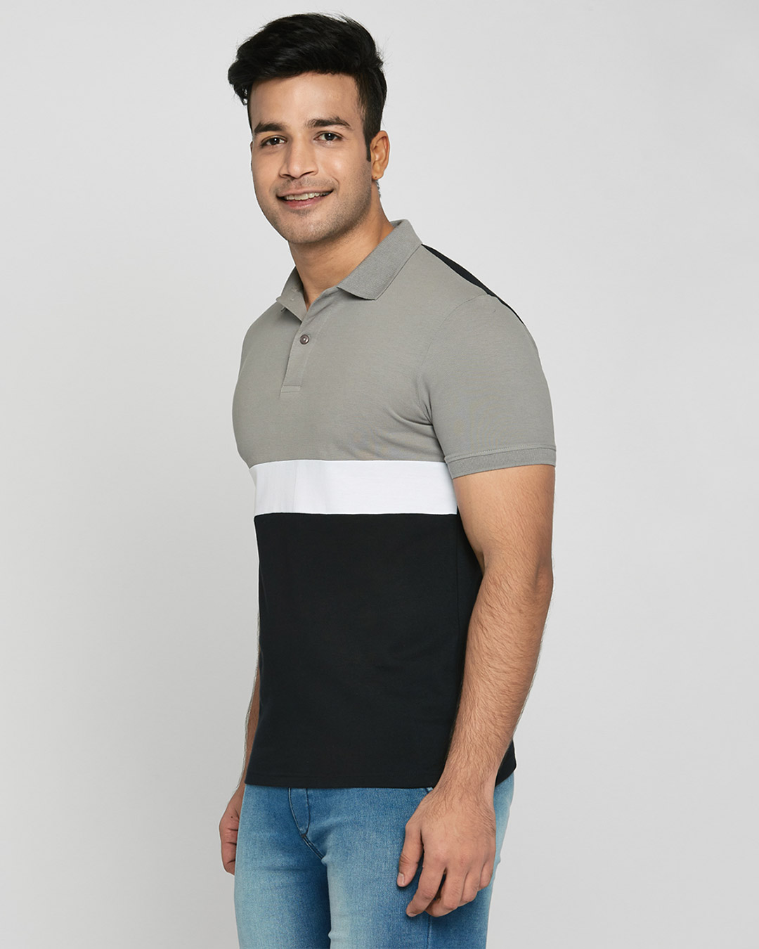 Shop Meteor Grey-White-Black Triple Block Polo T-Shirt-Back