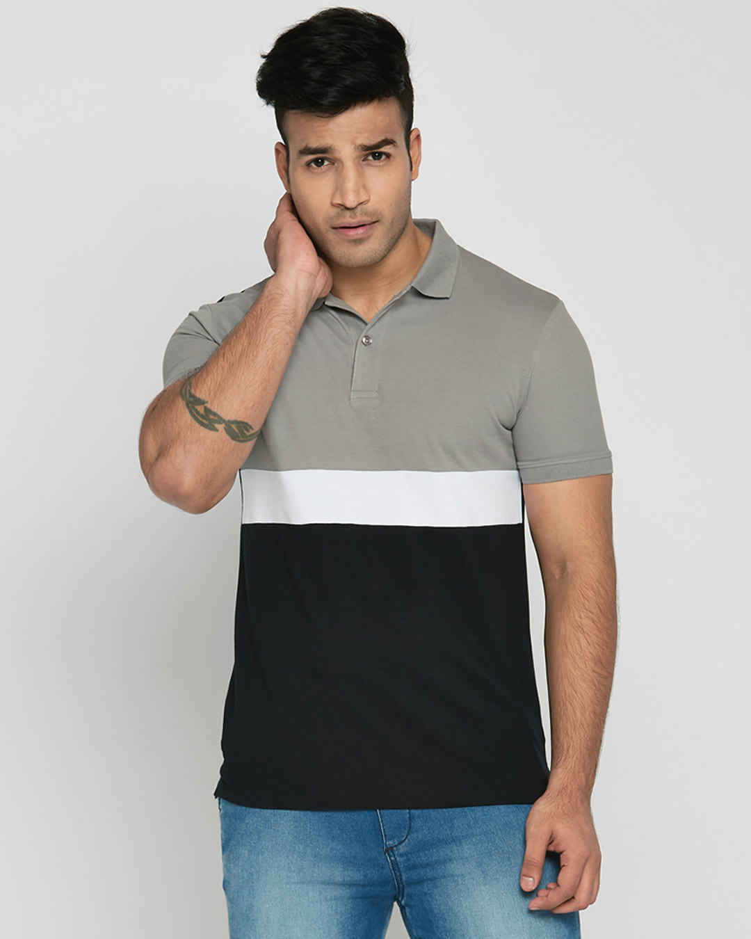 

Meteor Grey-White-Black Triple Block Polo T-Shirt Men' Plain Triple Block Polo Bewakoof.com