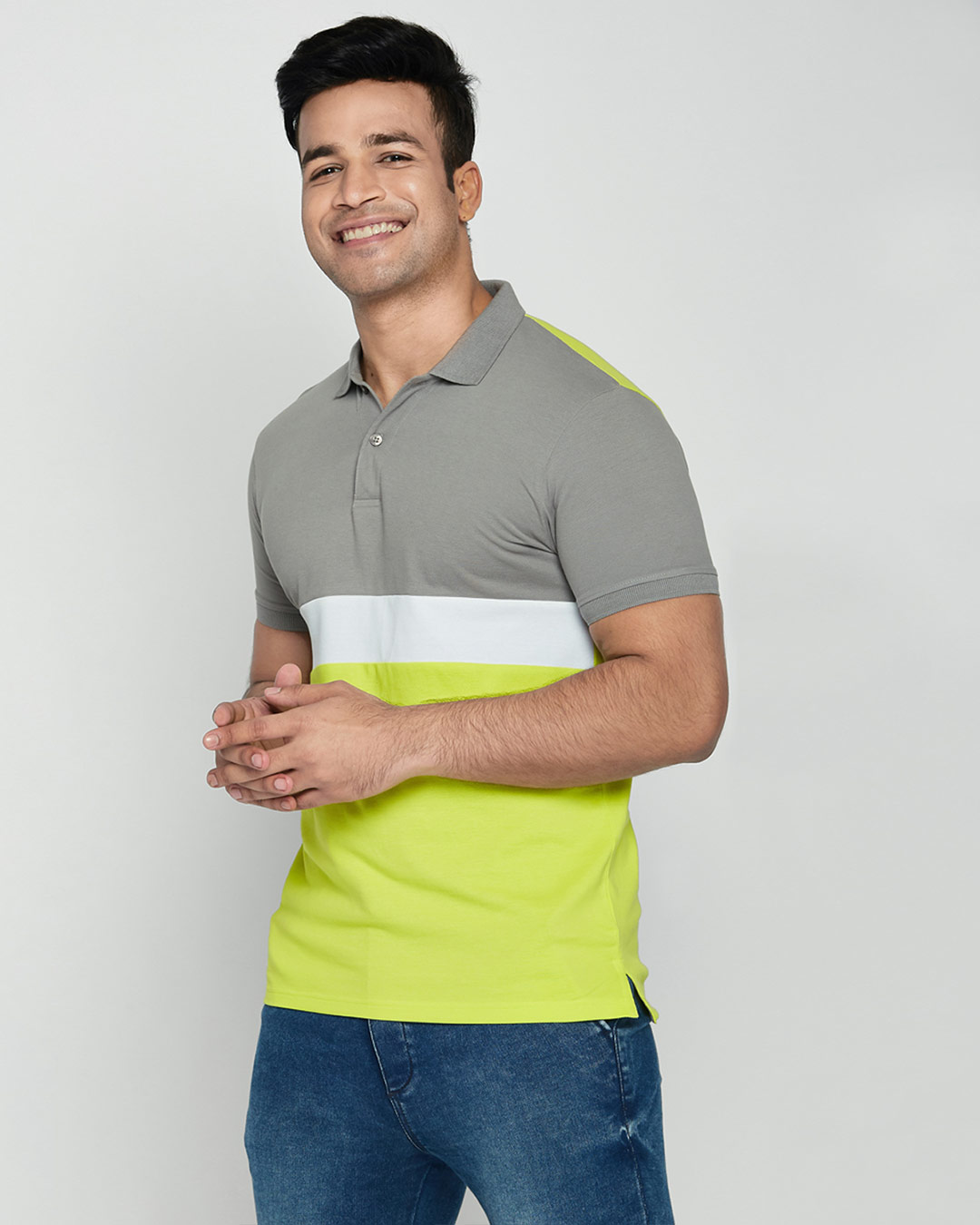 Shop Meteor Grey-White-Neon Lime Triple Block Polo T-Shirt-Back