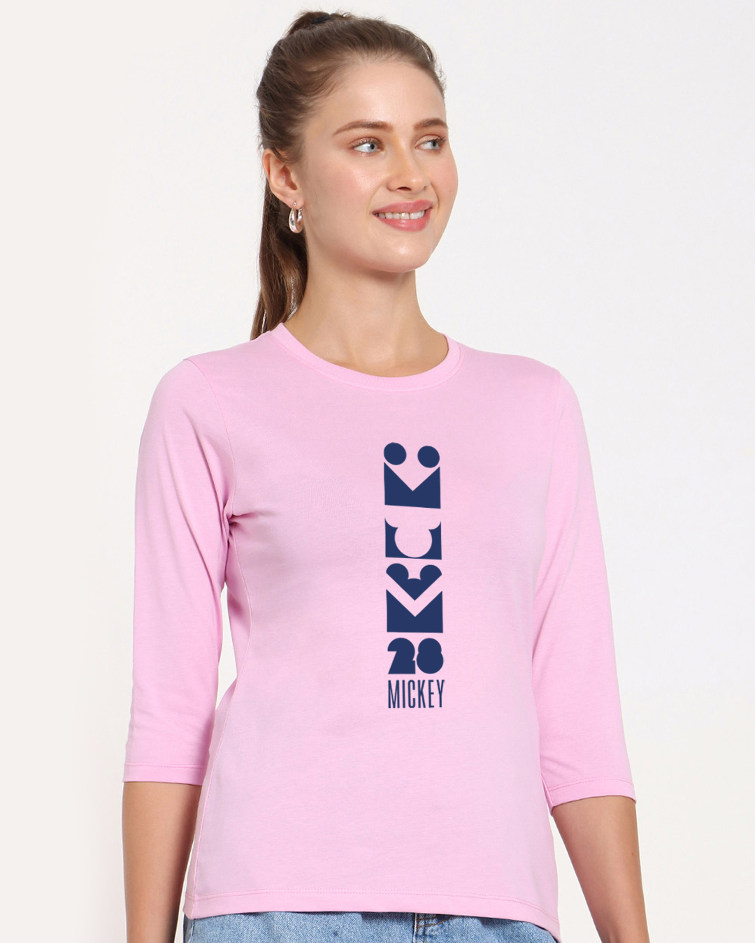 Shop Women's Pink Mickey 3 4 Sleeve Slim Fit T-shirt-Back