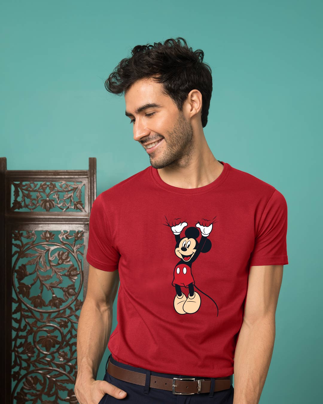 

Mickey Hanging Half Sleeve T-Shirt (DL) Bold Red Men' Printed T-Shirts Bewakoof.com