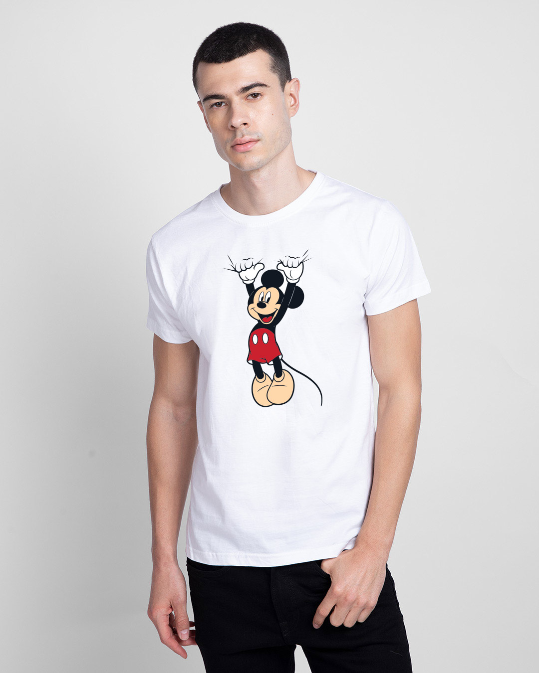 

Mickey Hanging Half Sleeve T-Shirt (DL) White Men' Printed T-Shirts Bewakoof.com