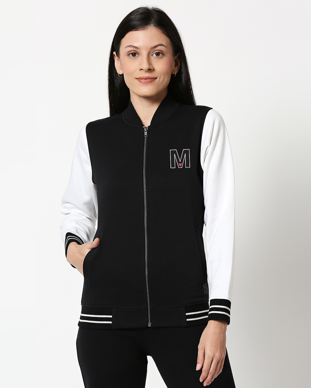 womens black varsity bomber jacket