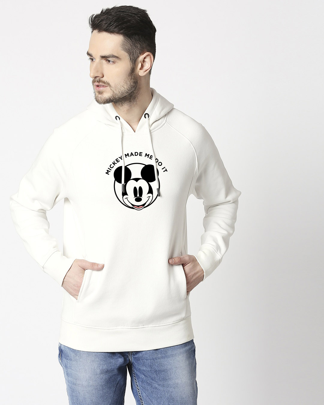 

Mickey Made Me Stylised Panel Hoodie Sweatshirt Men' Printed Cut & Sew Sweatshirt Hoodie Bewakoof.com, White