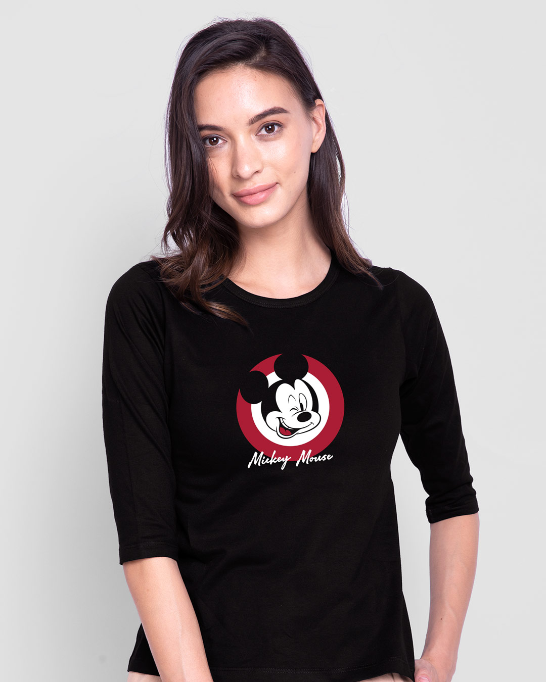 Shop Mickey Mouse Stamp Round Neck 3/4 Sleeve T-Shirt (DL)-Back
