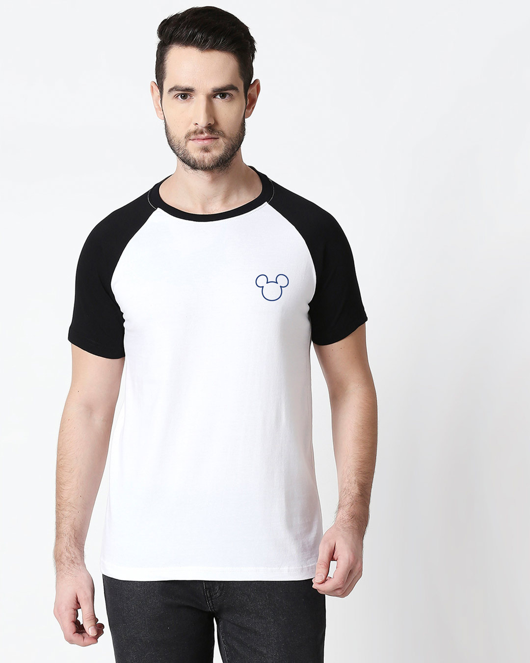 Shop Mickey Pizza Half Sleeve Raglan T-Shirt (DL) White-Black-Back