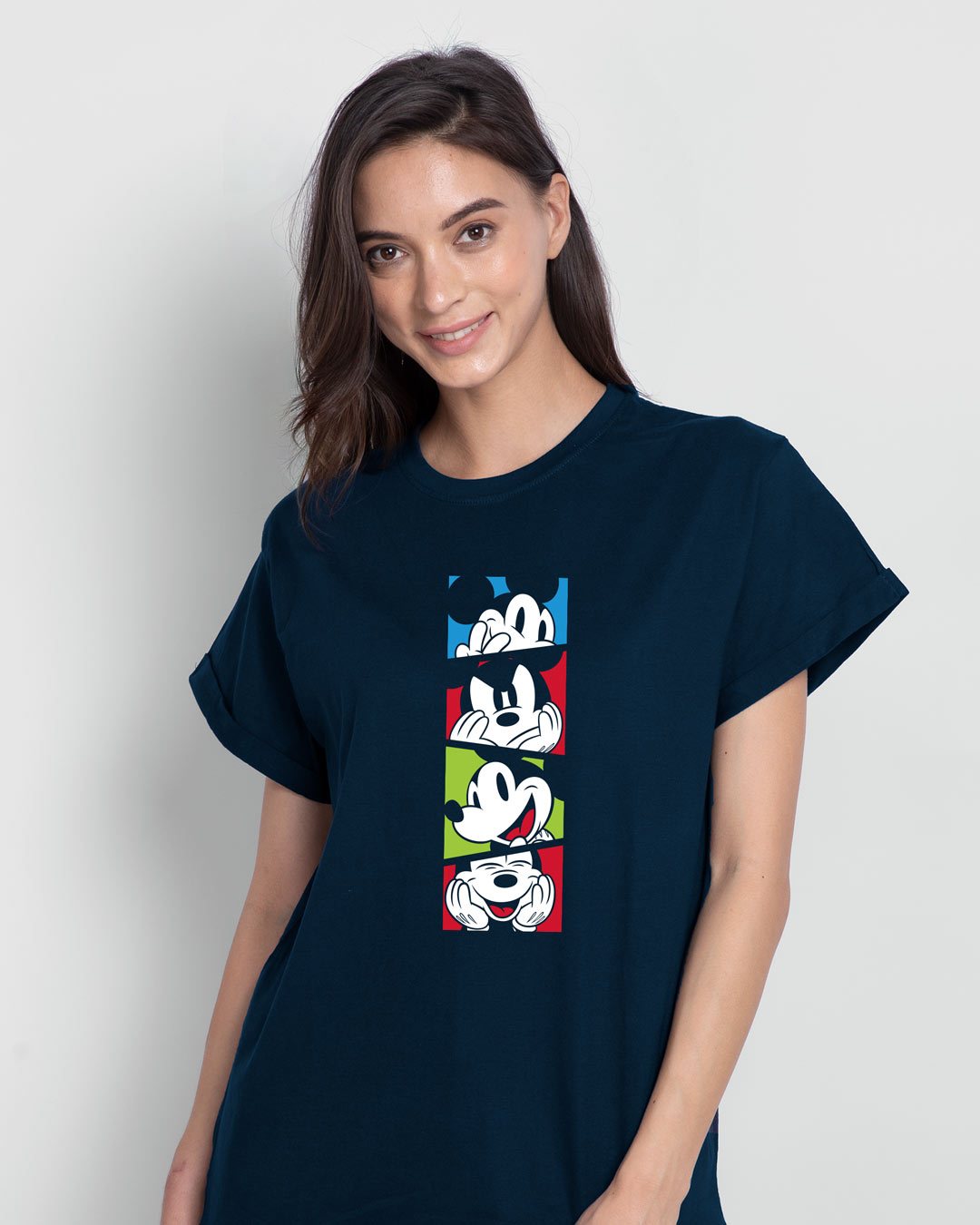 

Mickey Pop Block Boyfriend T-Shirts (DL) Navy Blue Women' Printed Boyfriend T-Shirts Bewakoof.com