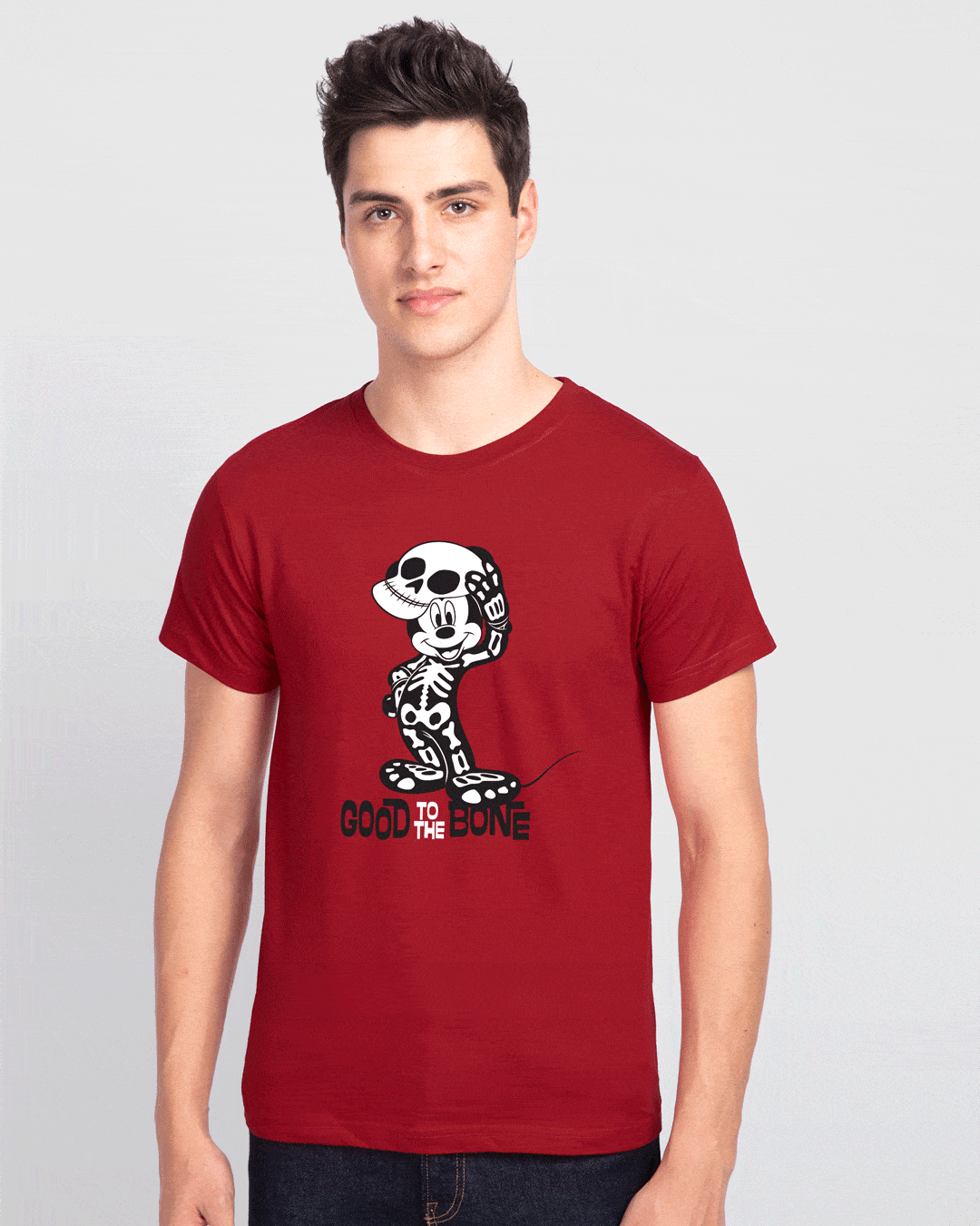 

Mickey Skeleton Half Sleeve T-Shirt (GID) (DL) Men' Printed T-Shirts Bewakoof.com, Red